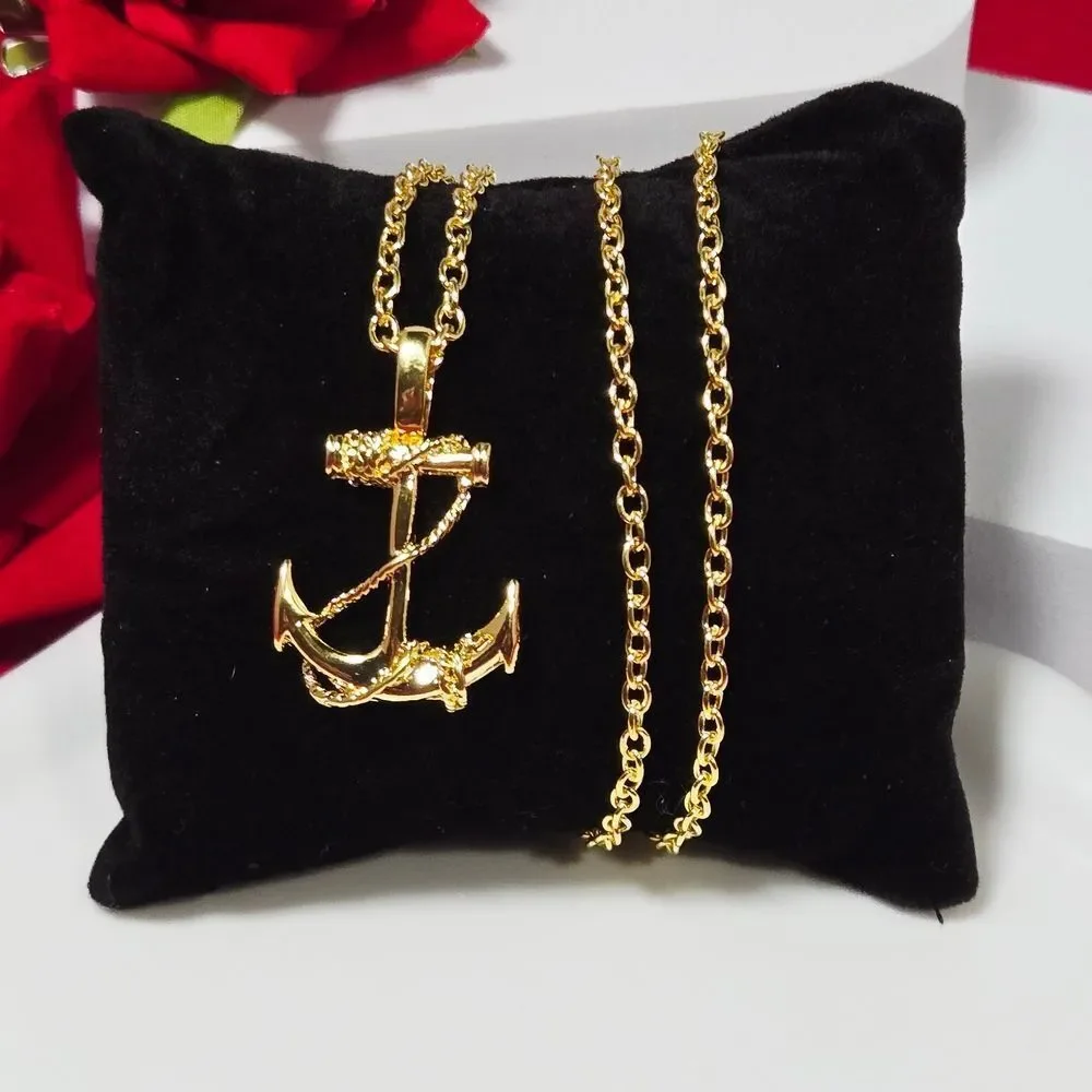 Gold Maritime Anchor Pendant Necklace | Nautical Rope Design Navy Inspo Jewelry